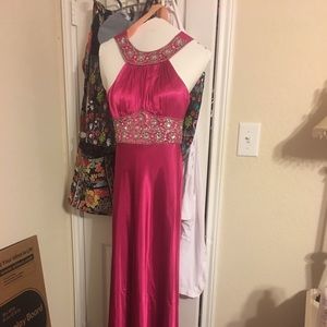 Hot pink, backless, floor length formal gown